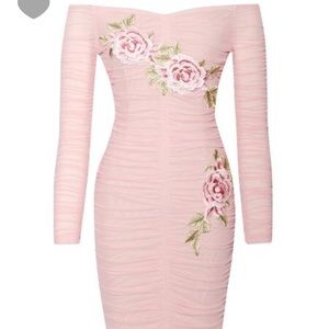 Lacey Pink Ruched Embellished Flower Detail Dress